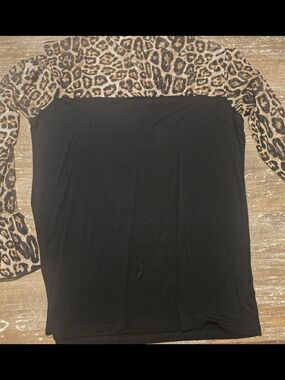 Women's Black Top with Leopard-Print Sleeves - Chic Long Sleeve Blouse